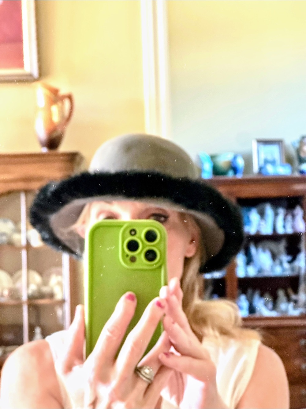 dennis basso Gray Wool Cloche Hat with Black Fur Trim